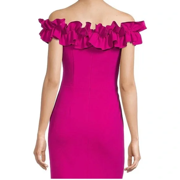 Xscape Off-the-Shoulder Cap Sleeve Mermaid Ruffle Thigh High Slit Crepe Gown